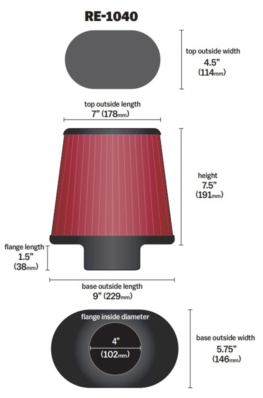 High-Flow K&N Original Lifetime Universal Clamp-On Air Filter: High Performance, Premium, Washable: Flange Diameter: 4 In, Filter Height: 7.5 In, Flange Length: 1.5 In, Shape: Oval Tapered, RE-1040