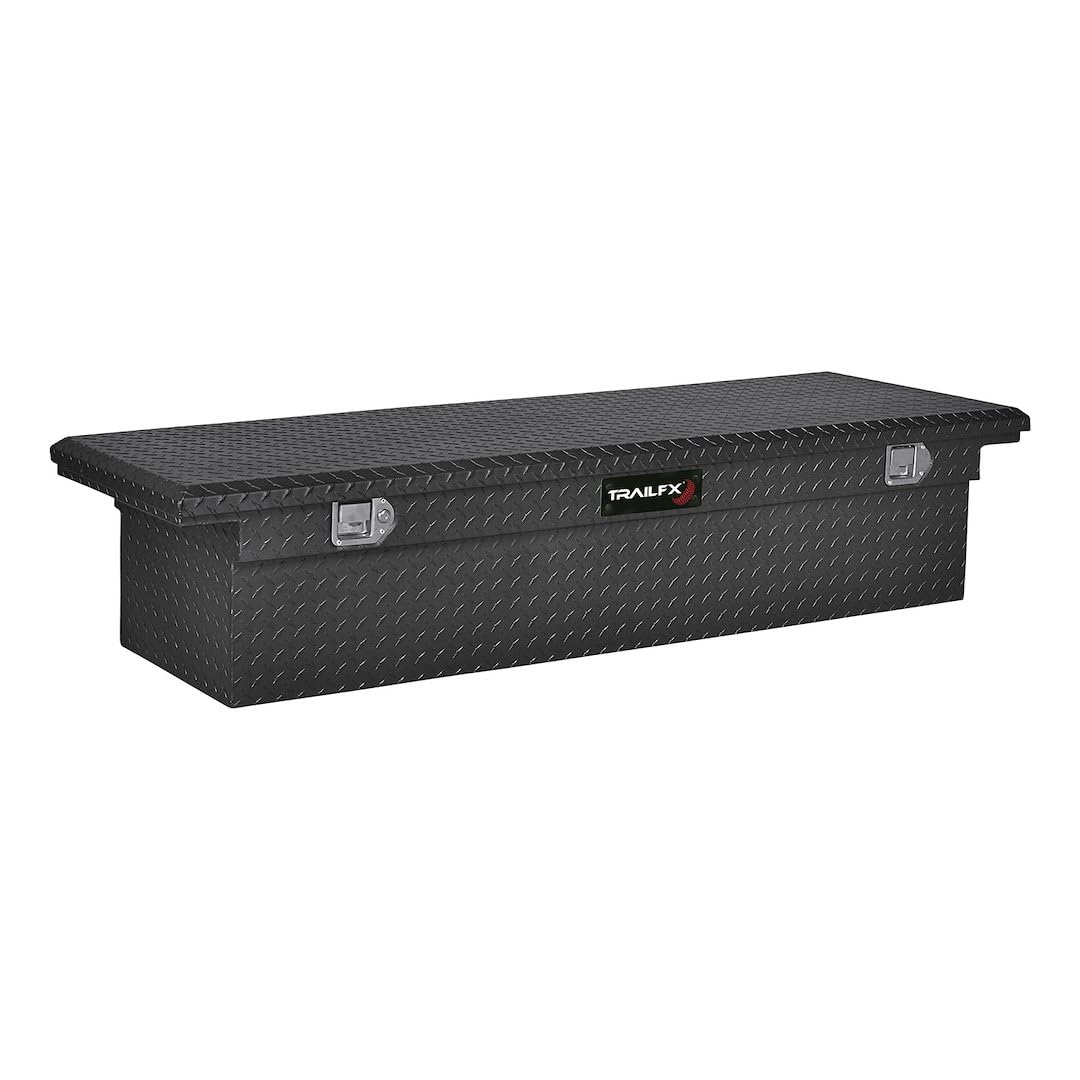 TrailFX Crossover Truck Tool Box Low Profile Single Lid Diamond Tread Matte Black 16 Gauge Aluminum 10.5 Cubic Feet Capacity Lockable Lid With Tray TrailFX 120723