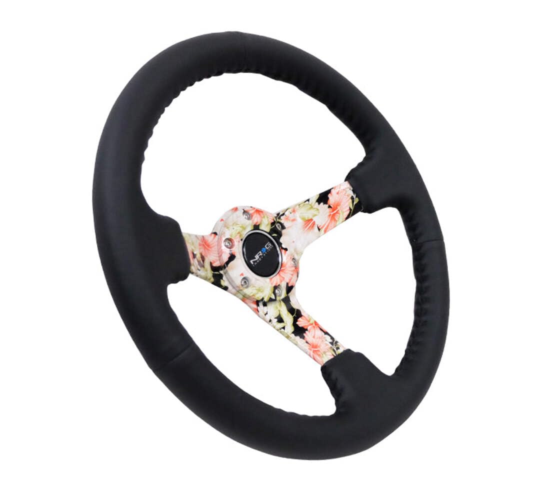 NRG Innovations Reinforced Steering Wheel NRG-RST-036FL-R Hydro Dipped Tropical Floral 3" Deep, 5mm Spoke, 350mm Sport Steering Wheel Black Leather With Black Baseball Stitching