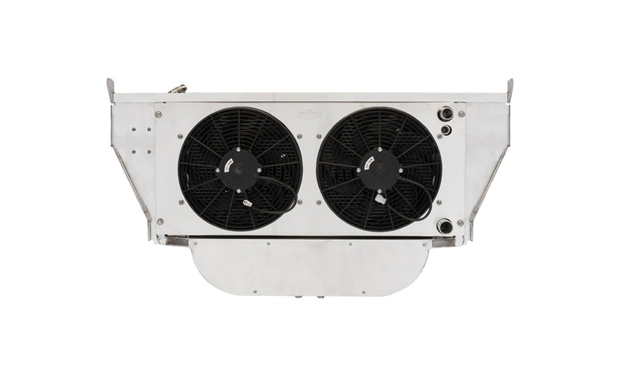 Cold Case Radiator and Fan, Dual Fans, Passenger Side Inlet, Passenger Side Outlet, A/C Condenser/Radiator Support, Aluminum, Polished, GM LS-Series, Chevy Fullsize Car 1955, Kit