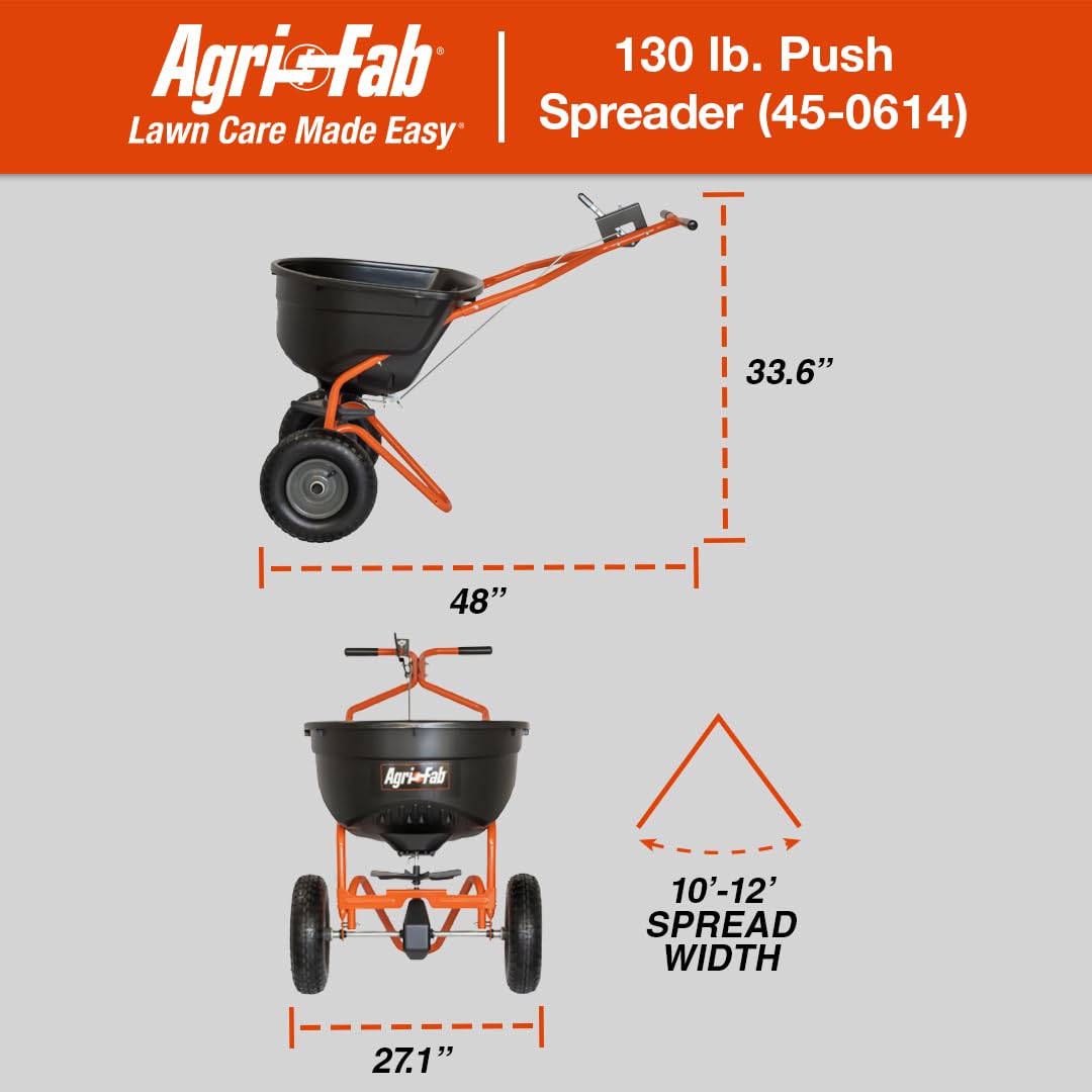 Push Agri-Fab 45-0614 130 lb. Lawn & Garden Broadcast Spreader for Seed,Fertilizer,Salt,Ice Melt; Walk Behind with Easy to use Flow Control Lever
