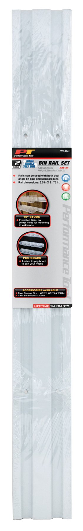 W5169 Performance Tool 32-inch Rail Set for Dual Angel Tilt Parts Bins (2 pack), White