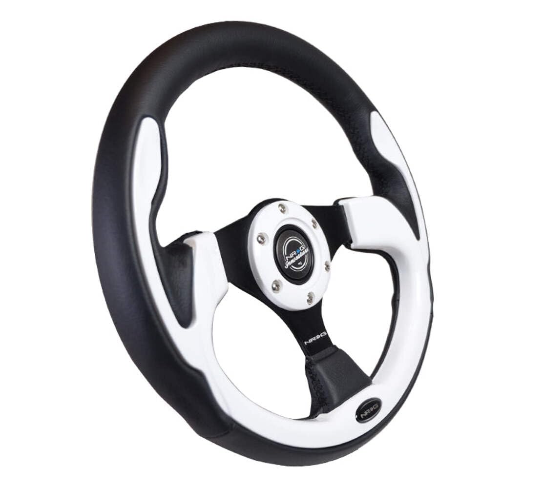 NRG Innovations Reinforced NRG-RST-001WT Steering Wheel 350mm Sport Leather Racing (2.5" Deep) Comfort Grip, 4mm Metal Neochrome Spoke, Black Leather/White + Horn Button