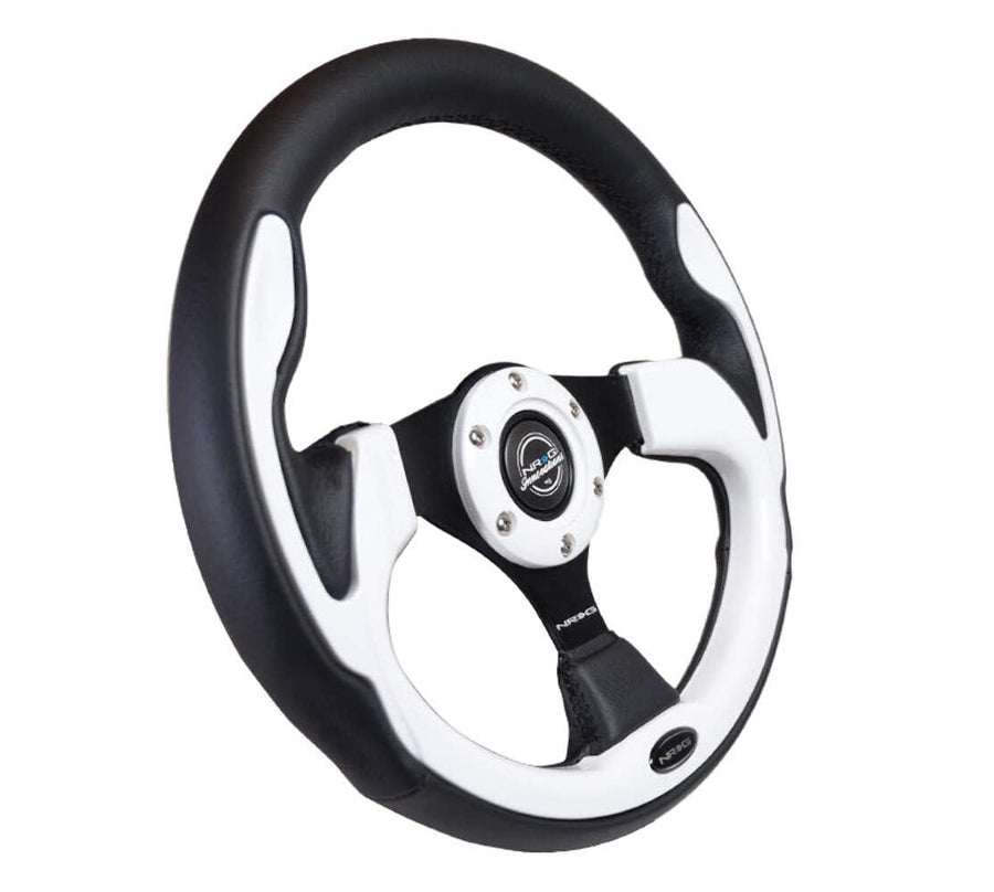 NRG Innovations Reinforced NRG-RST-001WT Steering Wheel 350mm Sport Leather Racing (2.5" Deep) Comfort Grip, 4mm Metal Neochrome Spoke, Black Leather/White + Horn Button