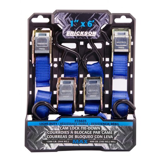 Light Duty Erickson Cam Lock Tie-Down Strap, 4 Pack (1" x 6', 1200 lb Load Capacity)