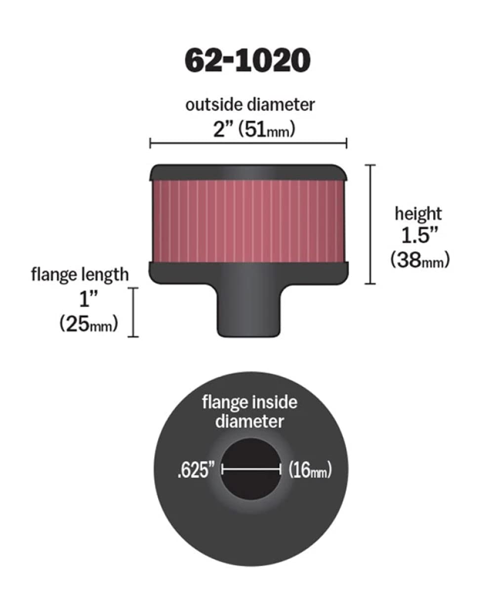 K&N Air Filter/Breather Vent: High Performance, Premium, Washable, Replacement Engine Filter: Filter Height: 1.5 in, Flange Length: 1 in, Shape: Breather, 62-1020