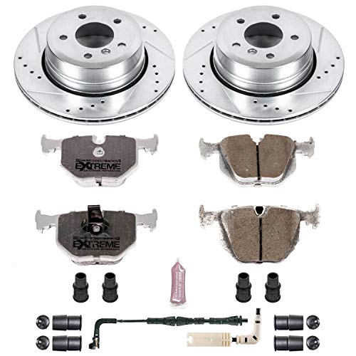 Power Stop K5491-26 Brake Pads Rear Z26 Carbon Fiber with Drilled & Slotted Brake Rotors Kit and 1 Rear Sensor Wire For BMW 525xi, 5, 528i xDrive, 5, 530xi, 535i xDrive, 5 [Model Specific]