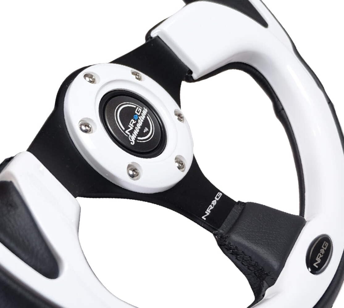 NRG Innovations Reinforced NRG-RST-001WT Steering Wheel 350mm Sport Leather Racing (2.5" Deep) Comfort Grip, 4mm Metal Neochrome Spoke, Black Leather/White + Horn Button