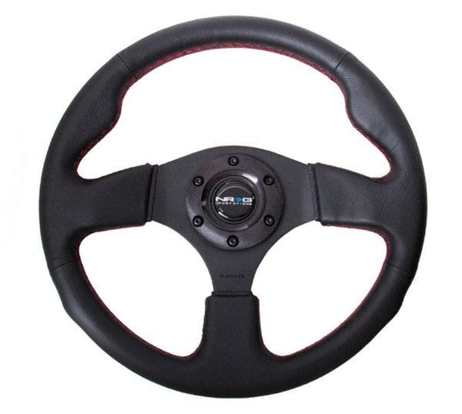 NRG Innovations Reinforced NRG-RST-012R-RS Steering Wheel 320mm Sport Leather With/Red Stitch/Black Thumb Grip, Double Riveted Spokes + Horn Button