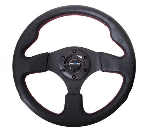 NRG Innovations Reinforced NRG-RST-012R-RS Steering Wheel 320mm Sport Leather With/Red Stitch/Black Thumb Grip, Double Riveted Spokes + Horn Button