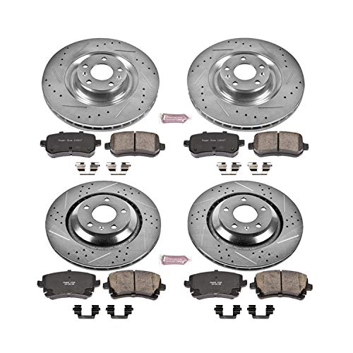 Power Stop K5746 Z23 Carbon Fiber Brake Pads Front and Rear with Drilled & Slotted Brake Rotors Kit