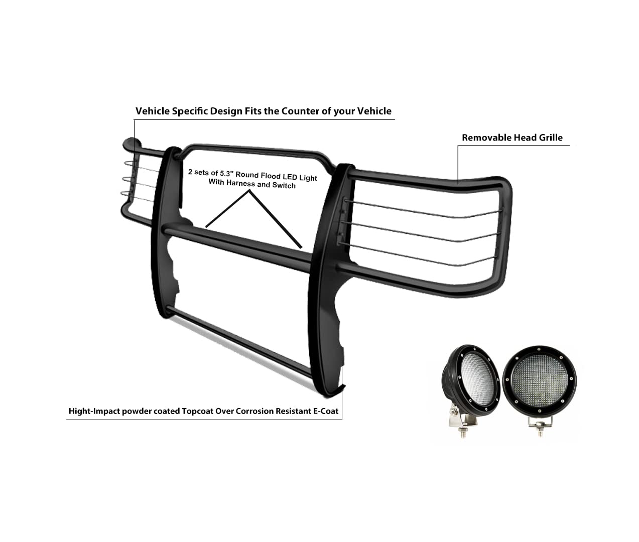 Grille Brush Black Horse Bumper Guard Modular Black Come with Pair of 5.3" Dia.LED Lights with Black Trim Rings Compatible with 1995-2001 Ford Explorer|1997-2001 Mercury Mountaineer-17F80218MA-PLFB