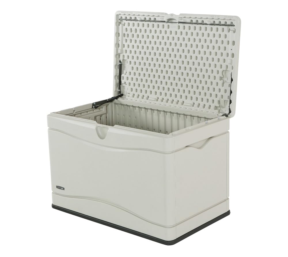LIFETIME 60059 Desert (Tan) Sides and Lid Black Bottom Outdoor Storage Box-80 Gal, 80 Gallon, Desert Sand
