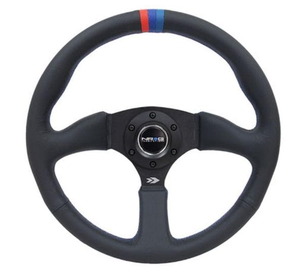 NRG Innovations Reinforced NRG-RST-023MB-R-M3 Steering Wheel 350mm Diameter 50mm Depth Sport Leather Racing (2.5" Deep) Comfort Grip, 4mm Matte Black Spoke With M3 Stitching And Line