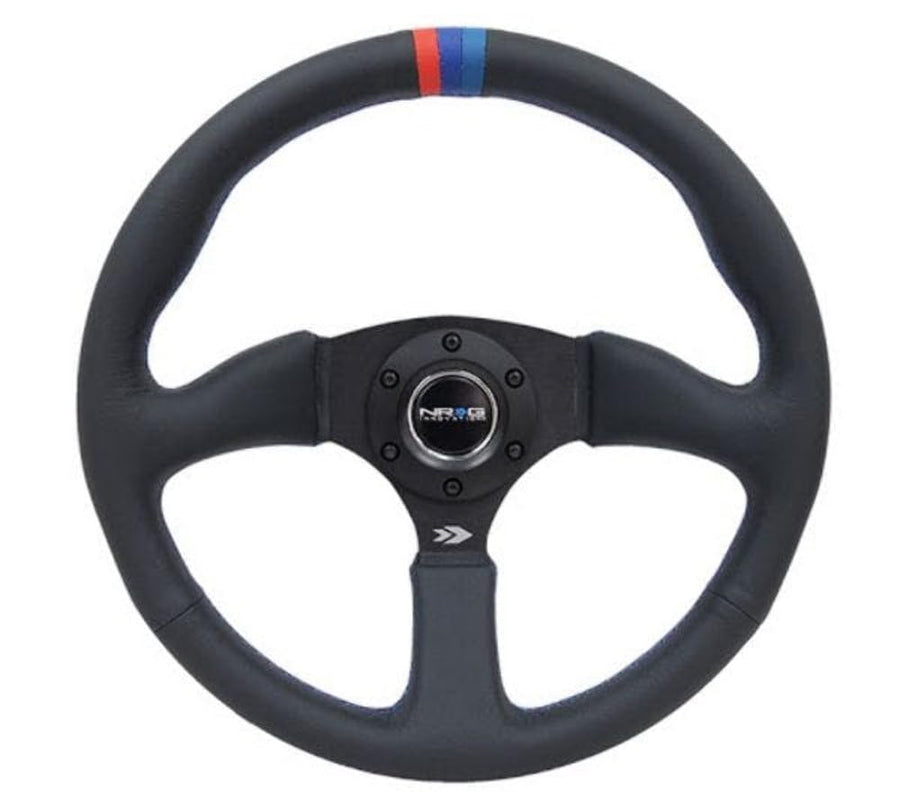 NRG Innovations Reinforced NRG-RST-023MB-R-M3 Steering Wheel 350mm Diameter 50mm Depth Sport Leather Racing (2.5" Deep) Comfort Grip, 4mm Matte Black Spoke With M3 Stitching And Line