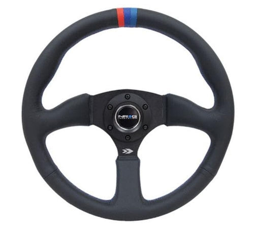 NRG Innovations Reinforced NRG-RST-023MB-R-M3 Steering Wheel 350mm Diameter 50mm Depth Sport Leather Racing (2.5" Deep) Comfort Grip, 4mm Matte Black Spoke With M3 Stitching And Line