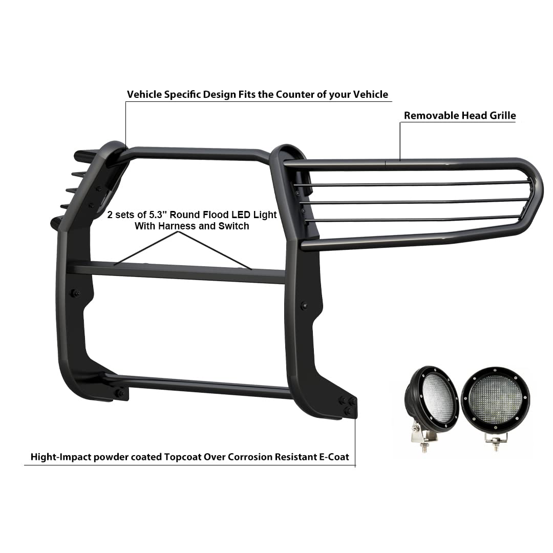 Bumper Guard Black Horse Grille Brush Modular Black Come with Pair of 5.3" LED Lights with Black Trim Rings Compatible with 1994-2001 Dodge Ram 1500|1994-2002 Dodge Ram 2500/3500-17DG100MA-PLFB