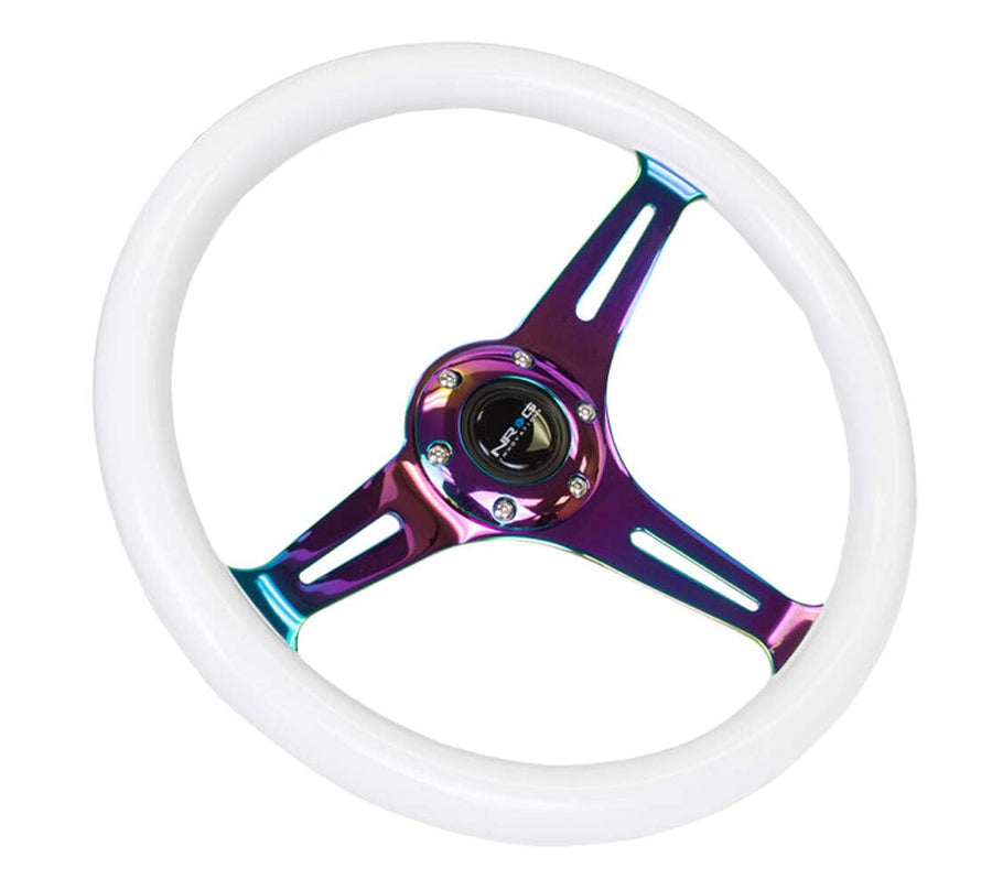 NRG Innovations Steering Wheel NRG-ST-015MC-GL - 350mm 25mm Deep Configuration, Classic Wood Grain Wheel 3 Neochrome Spokes - Glow-N-Dark Grip (ST-015MC-YG)