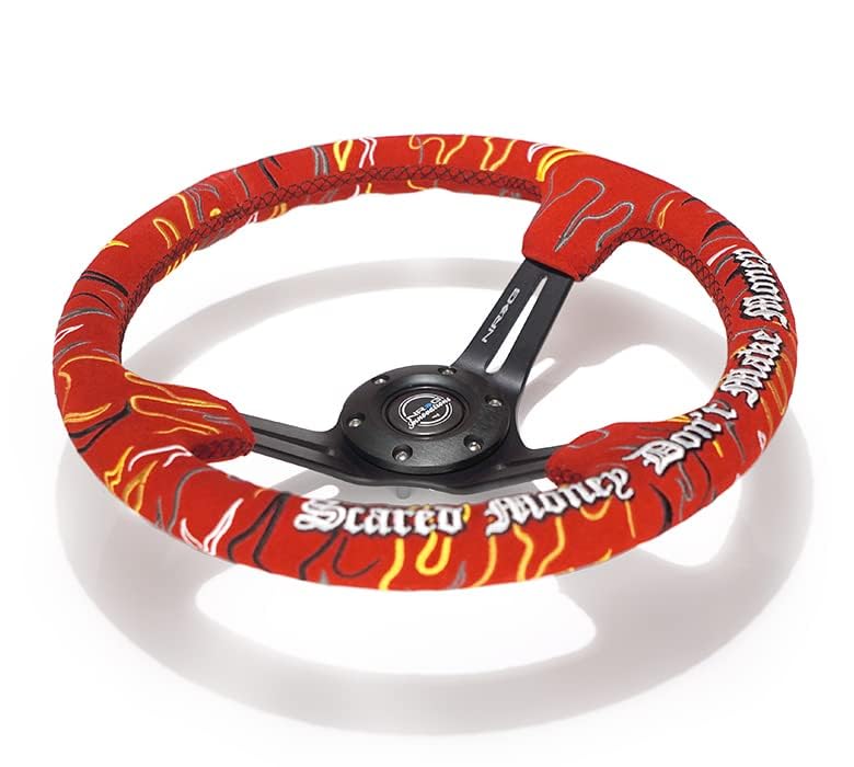 NRG Innovations Reinforced Steering Wheel NRG-RST-018MB-RLR, 3" Deep, 5 mm Black Spoke with Slit Spokes, Red Alcantara, Red Stitching