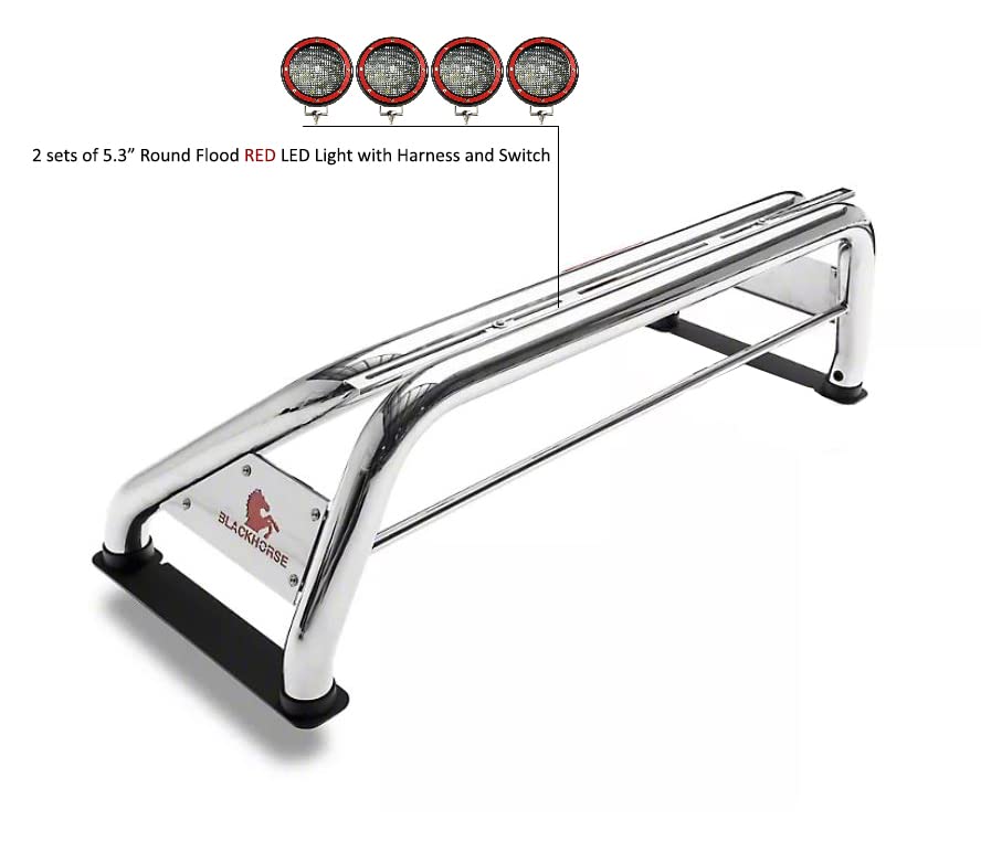 Roll Bar Black Horse Classic Incl. Set of 5.3" Dia.LED Lights w/Red Trim Rings Stainless Steel Compatible with 19-24 Ram 1500 Excludes Classic models-RB002SS-PLFR