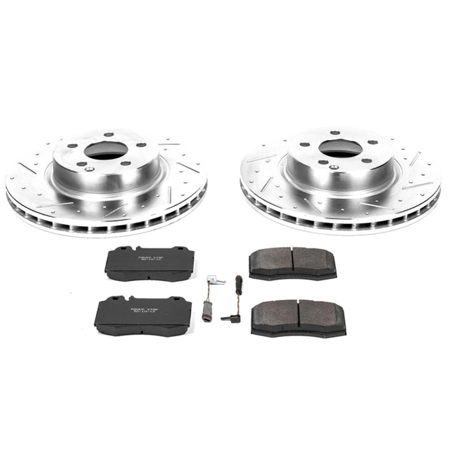 Power Stop K5239 Z23 Carbon Fiber Brake Pads with Drilled & Slotted Brake Rotors Kit and 2 Front Sensor Wires