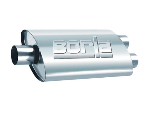 BORLA ProXS 40348 Muffler 2.5" Center Inlet/ 2.5" Dual Outlet, 4" x 9.5" Oval, 19" Long Body, 25" Overall Length. Universal Part. Reversible Design.