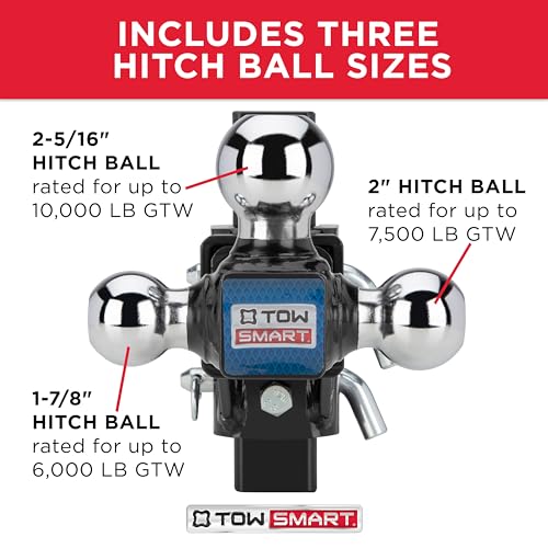 Adjustable TowSmart Tri-Ball Mount Hitch, 6,000-10,000 lbs Capacity, 2'' Receiver, 11.5'' Height Adjustment, Corrosion-Resistant, Fits Class III & IV