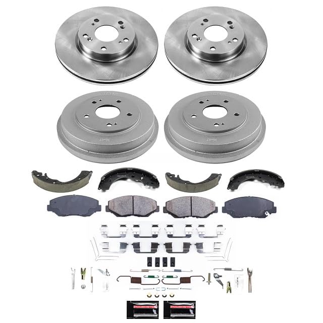 Power Stop KOE15541DK Stock Replacement Brake Rotors and Drums Front and Rear with Brake Pads and Shoe Brake Kit For Honda Fit 2013-2014 [Application Specific]