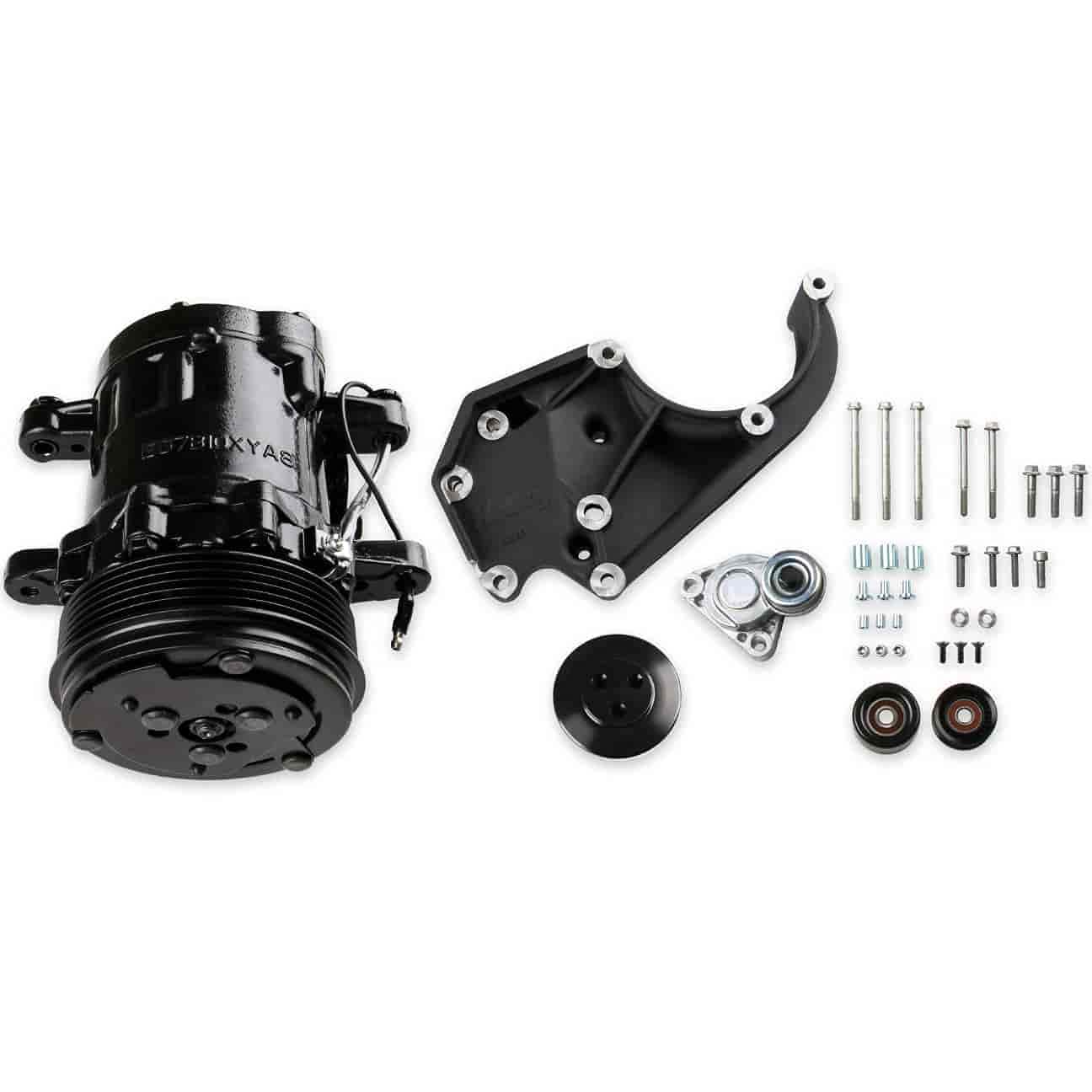 Holley LS A/C Accessory Drive Kit 20-142BK - Includes SD7 A/C Compressor, Tensioner, & Pulleys- Black Finish