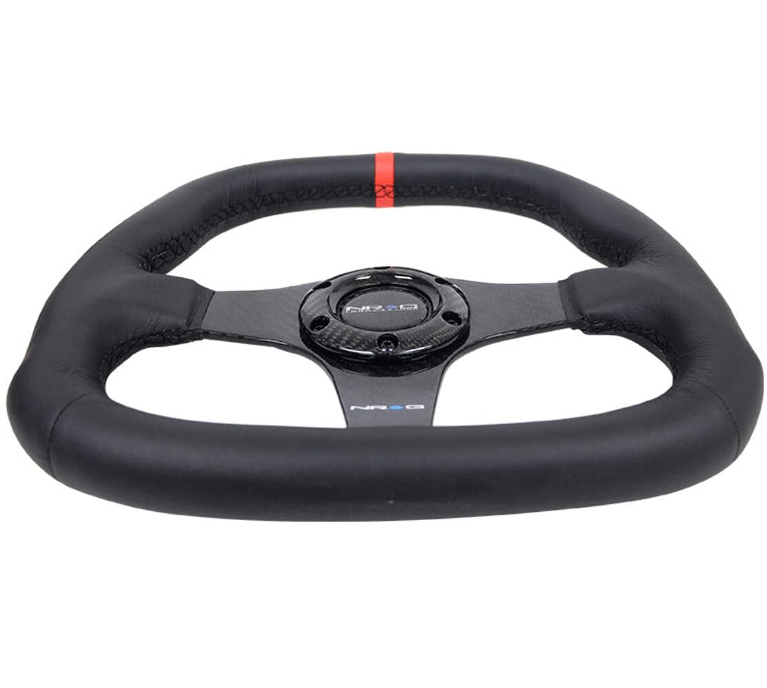 NRG Innovations Carbon Fiber Steering Wheel NRG-ST-019CF-R 320MM BLACK Carbon Fiber Center with Black Stitch RED Center Mark FLAT BOTTOM