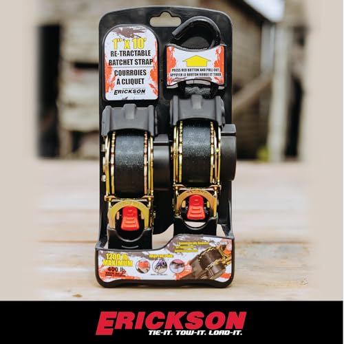 1in x 10ft Erickson Pro Series Black Retractable Ratcheting Tie-Down Straps, Heavy-Duty Secure Hold, 1500 lb Load Capacity, Pack of 2