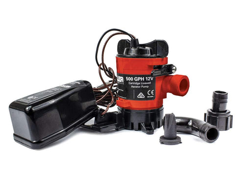 Cartridge Bilge Pump & Float Switch Combo Moeller Marine 053025-10, 500 GPH, 3/4" Hose, 12V, 2.5A, 5A Fuse