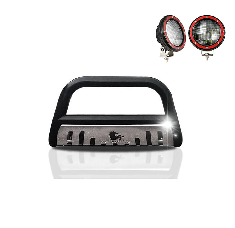 Bull Bar Black Horse Skid Plate Come with Pair of 5.3" Dia. LED Flood Lights with Red Trim Rings Compatible with 2005-2010 Toyota Sienna-BBTY916BS-SP-PLFR