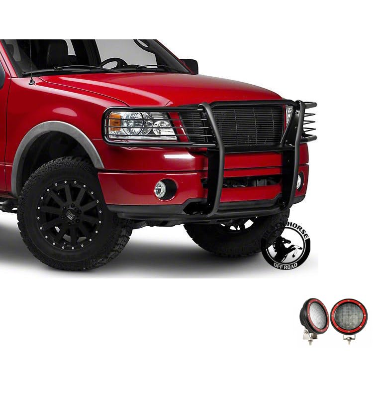 Grille Brush Black Horse Bumper Guard Modular Black Come with Pair of 5.3" Dia.LED Lights with Red Trim Rings Compatible with 2004-2008 Ford F-150-17FP28MA-PLFR