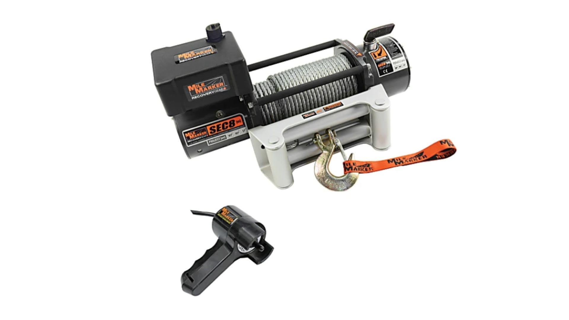 Winch Mile Marker 77-50141W Sec 8 8000 lb Pulling Power - Waterproof, 100’ of Steel Cable, 4.9 HP Series Wound Motor, Handheld Remote Control