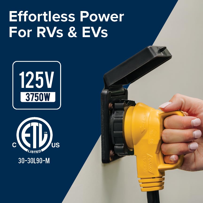 Power Grip Camco 50-Ft 30 Amp RV Extension Cord w/90° Locking End - Rated for 125V / 3,750W - Features Threaded Locking Ring for Weatherproof Connection & 10-Gauge Copper Wire (55525)