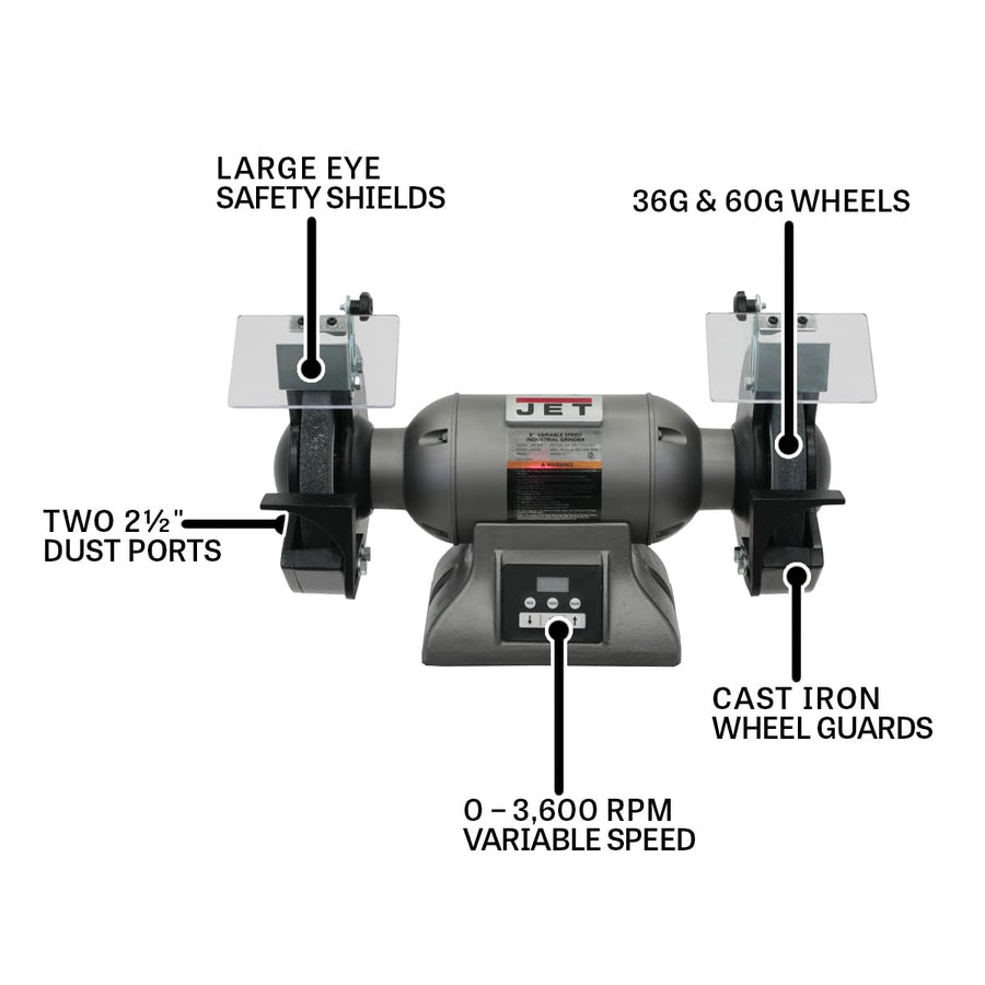 JET 1 HP 8-Inch Industrial Bench Grinder, Variable Speed, 115/230V 1Ph (IBG-8VS)