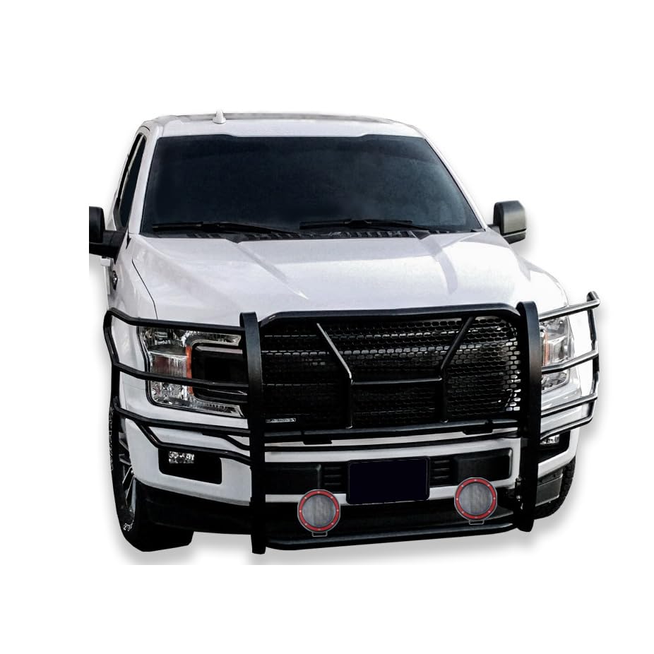Heavy Duty Black Horse Rugged Grille Brush Bumper Guard Modular Black Come with Pair of 5.3" Dia.LED Lights with Red Trim Rings Compatible with 2015-2020 Ford F-150-RU-FOF115-B-PLFR