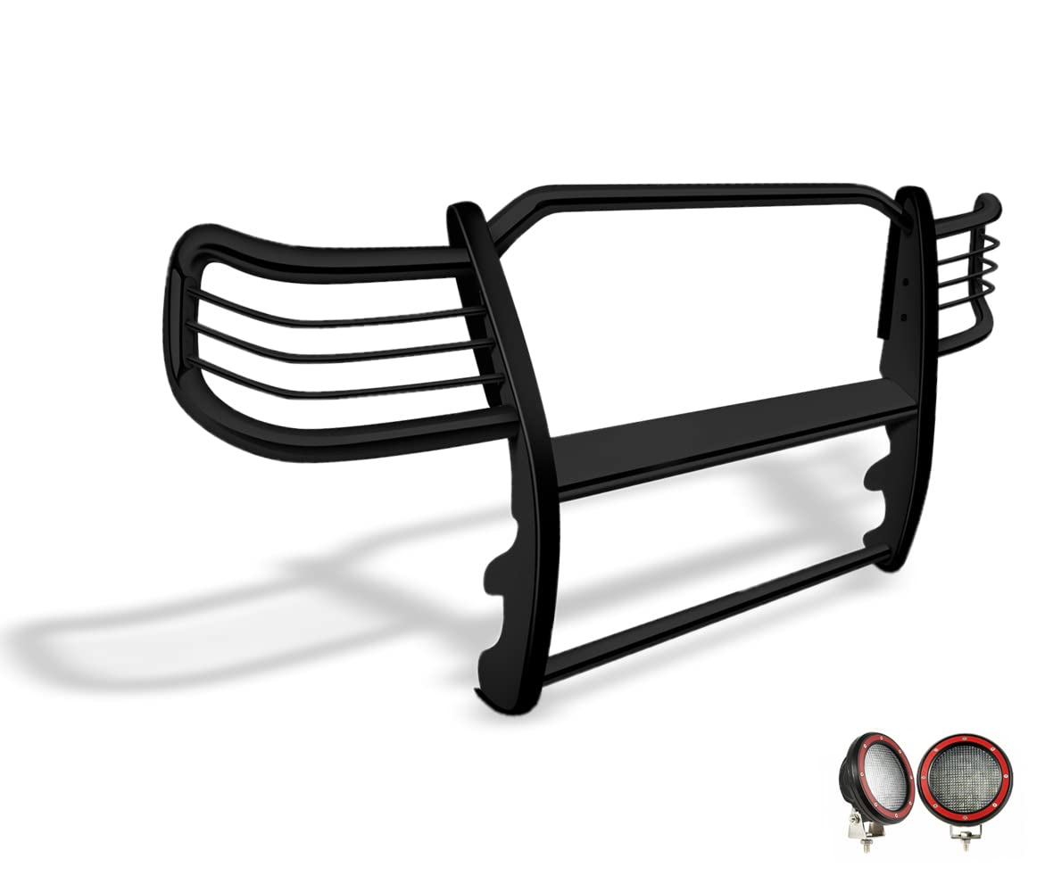 Bumper Guard Modular Black Black Horse Grille brush Come With Pair of 5.3" Dia.LED Lights with Red Trim Rings Compatible with 2003-2009 Lexus GX470|2003-2009 Toyota 4Runner-17TU26MA-PLFR