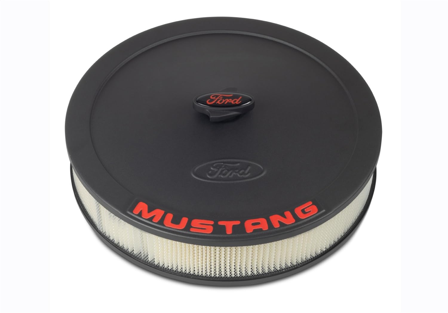 302-362 Ford Air Cleaner Assembly - 13 in Round - 2.625 in Element - 5-1/8 in Carb Flange - Drop Base - Red Mustang Logo - Steel - Black Crinkle - Kit