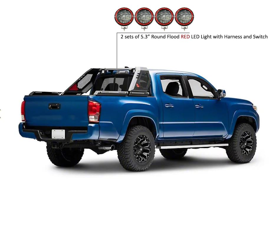 Vigor Roll Bar Black Horse Incl. Set of 5.3" Dia.Led Lights w/Red Trim Rings Modular Black Compatible with 2005-2024 Toyota Tacoma-VIRB06B-PLFR