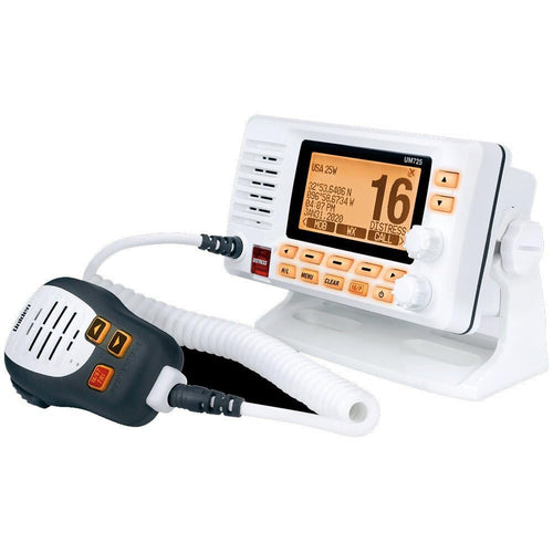 Marine VHF Radio Uniden UM725, All USA, Canada, and Int'l. Marine Channels, 1Watt/25Watt Transmit Power, Largest LCD Screen in Class, NOAA Weather Channels w/Alerts, Speaker Mic, IPX8 Waterproof