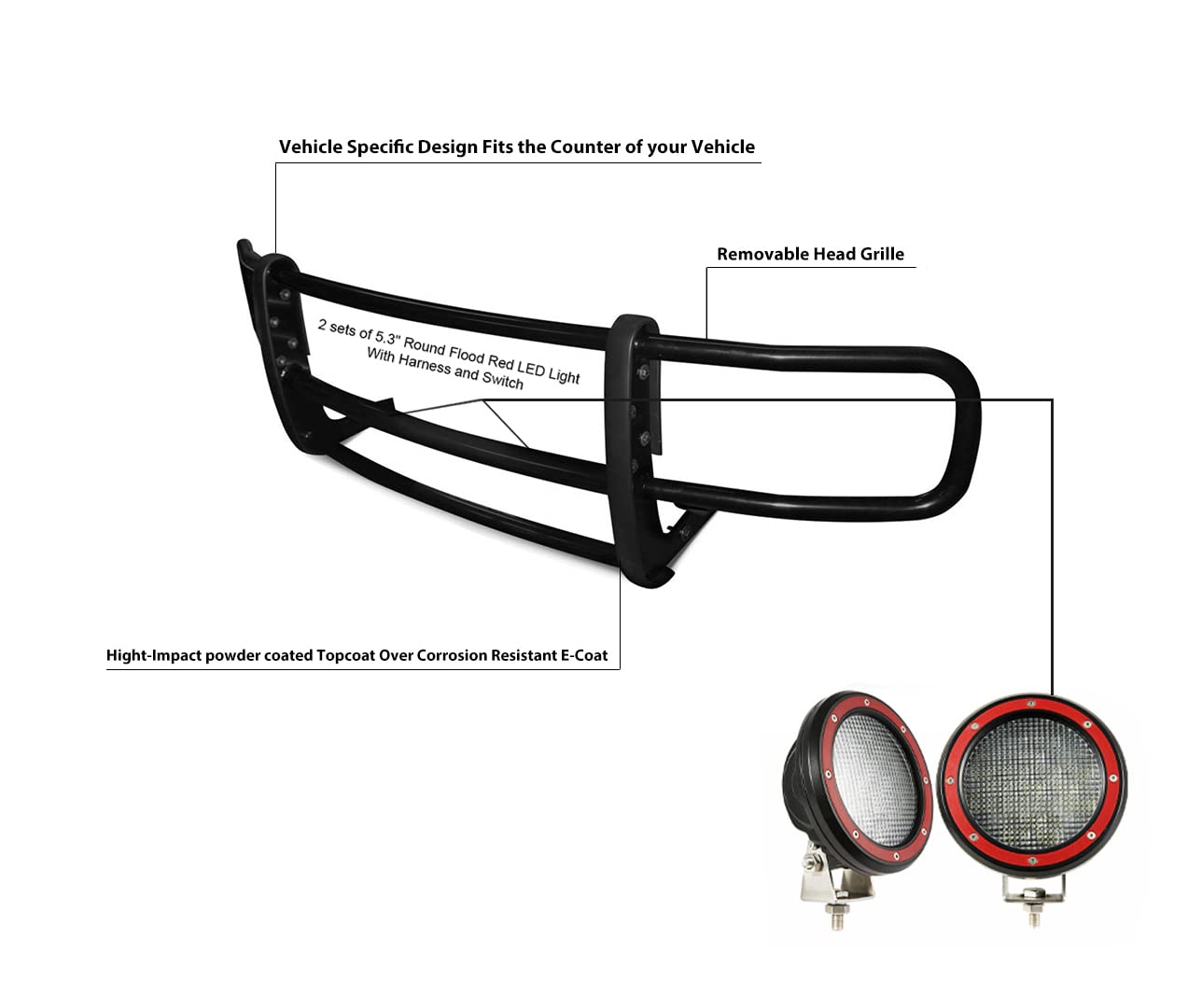 Spartan Black Horse Grille Brush Bumper Guard Modular Black Come with Pair of 5.3" Dia.LED Lights with Red Trim Rings Compatible with 2016-2023 Mercedes-Benz Metris-17MBMEMA-PLFR