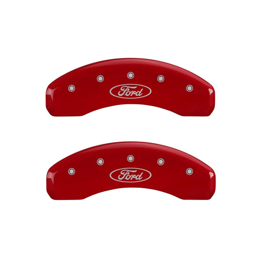 SET OF 4 CALIPER COVERS, OVAL LOGO/FORD, FRONT AND REAR, RED, SILVER CHARACTERS