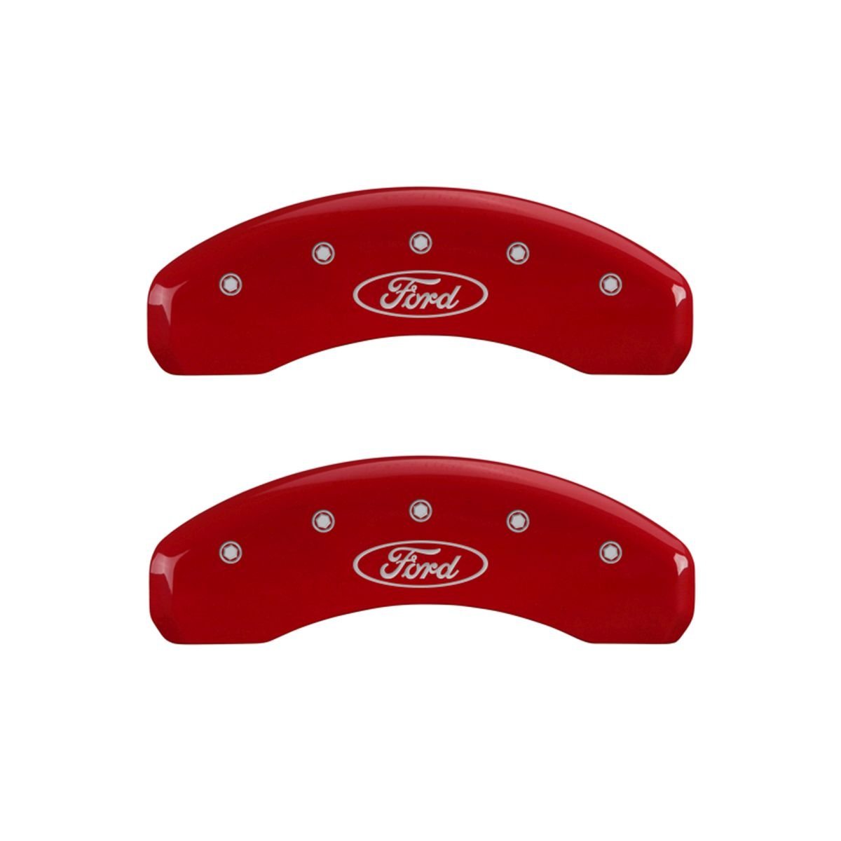 SET OF 4 CALIPER COVERS, OVAL LOGO/FORD, FRONT AND REAR, RED, SILVER CHARACTERS