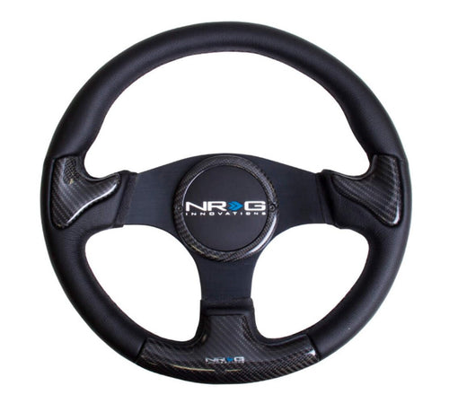 NRG Innovations Carbon Fiber NRG-ST-014CFBK Steering Wheel 350mm, Black Frame Black Stitching with Rubber Cover Horn Button