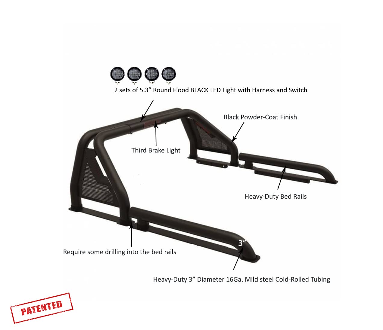 Gladiator Roll Bar Black Incl. Set of 5.3" Dia.Led Lights w/Black Trim Rings Modular Black Compatible with 2005-2021 Nissan Frontier-GLRB-05B-PLFB