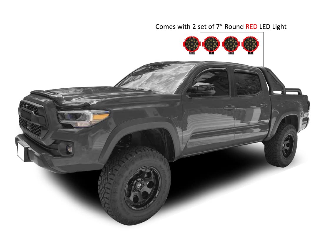 Gladiator Black Horse Roll Bar Incl. Pair of 7.0" Dia. Led Lights w/Red Trim Ring Modular Compatible with 2015-2024 GMC Canyon|2015-2024 Chevrolet Colorado|2015-2024 Toyota Tacoma-GLRB-03B-PLR