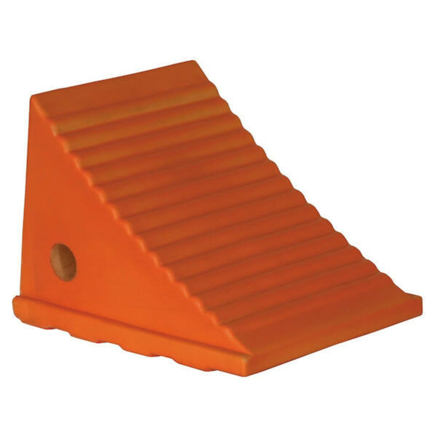 Orange Polyurethane Wheel Chock Buyers Products WC8118, 8.69 x 11.25 x 8.13 Inch, Lightweight and Semi Rigid with Mounting Holes, Ideal for Industrial and Agricultural Vehicle Maintenance and Storage