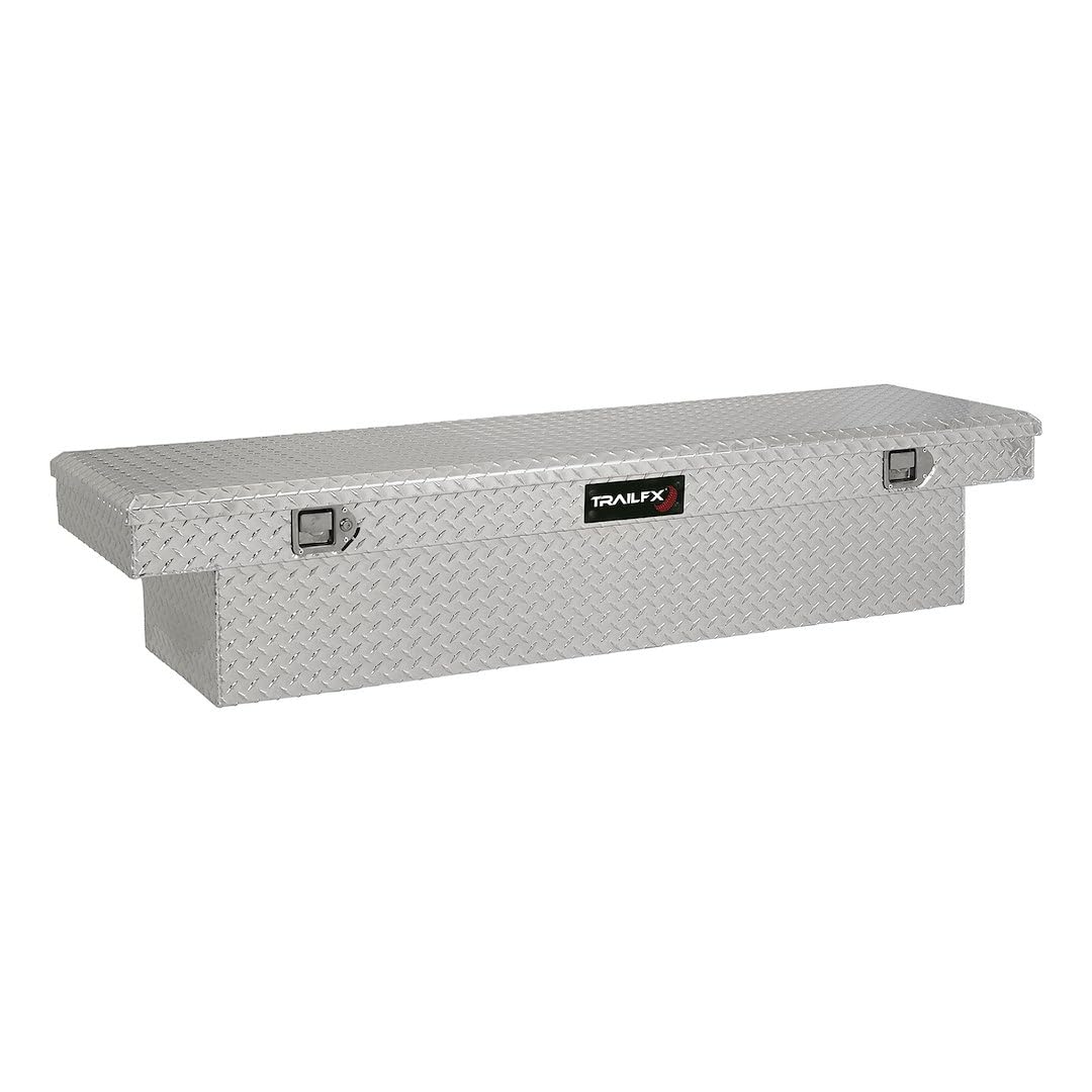 110701 TrailFX Tool Box Crossover Standard Single Lid With Struts Diamond Tread Bright Polished 16 Gauge Aluminum 8.8 Cubic Foot Capacity With Plastic Tray